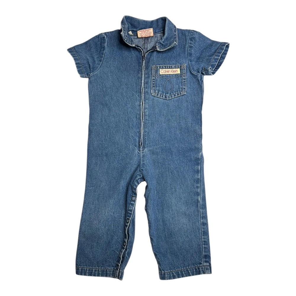 Calvin Klein 80s Vintage Kids Denim Jumpsuit Romper Sz S 2T